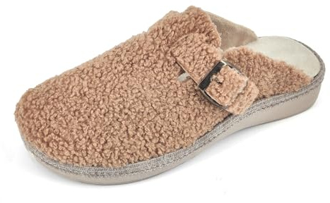 JOMIX Pantofole Donna Invernali con Fibbia Ciabatte da Casa Pelose Calde e Morbide in Sherpa Suola Antiscivolo Imbottite Chiuse Davanti Piatta Larga Comode per Anziane Nonne MD2424 Khaki 42