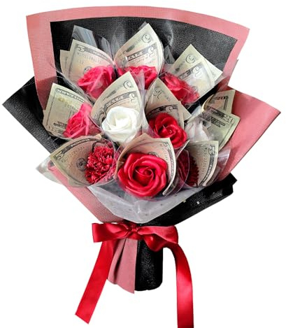 Ribbonbonbox Money Flower Bouquet - Artificial Bouquet of Flowers - Best Graduation, Birthday, Anniversary, Congratulations Money Box for Cash Rose (Red)