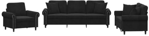 vidaXL Sofagarnitur 3-TLG., Sessel Couch mit Kissen, Sofa Wohnzimmersofa mit Armlehnen, Couchgarnitur Designsofa Sitzmöbel Polstermöbel, Schwarz Samt