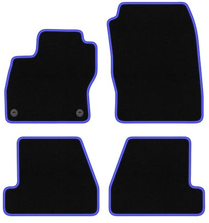 Velours-Fußmatten passend für Ford Focus MK3 2010-2018, Schwarz-Blau | passend für Schrägheck/Limousine/Kombi; Velours-Teppich (Polypropylen), ca. 6,5 mm; rutschfest, runde Befestigungen (Typ FC)