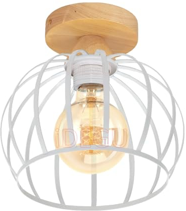 iDEGU Deckenleuchte Vintage Deckenlampe aus Holz und Eisen Käfig Design 20cm Lampenschirm E27 Beleuchtung Pendelleuchte Industrial Lampe für Flur Schlafzimmer Wohnzimmer Küche Eingang (Weiß)