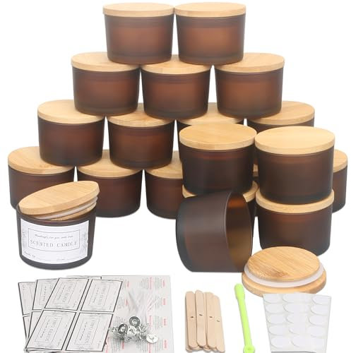 MILIVIXAY Lot de 20 bocaux à bougies en verre ambré givré de 113,4 g avec couvercles et kits de fabrication de bougies – Petits pots vides pour la fabrication de bougies – Conteneurs à épices, poudre