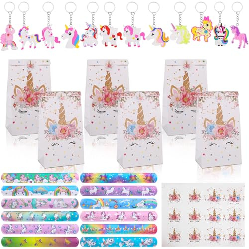RNHDLY 36 Stück Einhorn Party Mitgebsel Kindergeburtstag | Einhorn Mitgebsel Kindergeburtstag mit 12 Geschenktüten, 12 Schnapparmband, 12 Schlüsselanhänger für Party, Giveaways