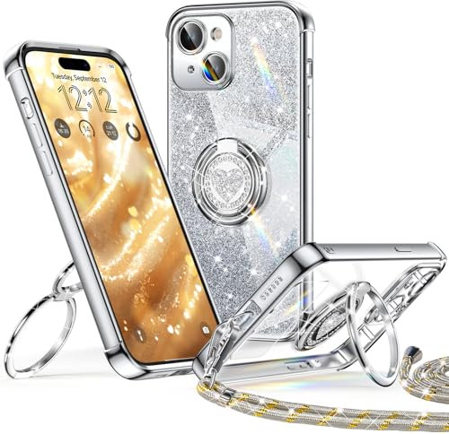 XYZ for iPhone 15 Case with Stand, Soft Cute Luxury Love Heart for Women Girls, Double Ring Bling Glitter Clear with Lanyard Protective Phone Cover Case for iPhone 15 - Silver
