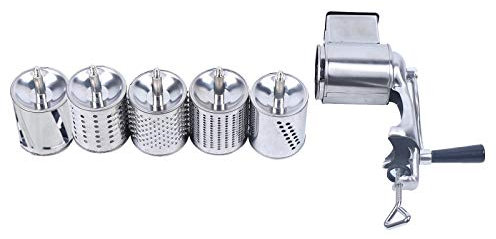 FENNNDS Manuelle Nussmühle mit 5 Austauschbaren Trommelblättern Edelstahl Spiralschneider Käsereibe mit Ein fester Clip Trommelreibe für Nüssen, Hart Käse, Schokolade, Kartoffeln, Karotten, Silber
