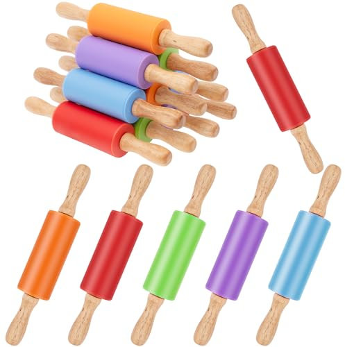 10 Pack Rolling Pin, 9 Inch Small Silicone Rolling Pins Wooden Rolling Pins Kids Rolling Pins Non Stick Mini Baking Pin with Wooden Handle for Home Kitchen(5 Colors)