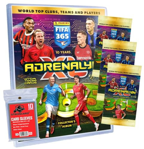 Bundle mit Panini FIFA 365 Karten 2025 - Adrenalyn XL Trading Cards - Exklusive STRONCARD Sammelkarten Hüllen - Auswahl (1 Mappe + 3 Booster)