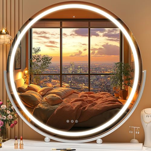 Hasipu Schminkspiegel mit Beleuchteter, 70 x 70cm Zoll LED Kosmetikspiegel mit Lichtern, Smart-Touch-Steuerung, 3 Farben, Dimmbar, Runder Spiegel, 360°-Drehung, Weiß