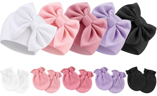 DRESHOW Neugeborene Baby Mütze Fäustlinge Krankenhaus Hut Beanie Säuglingshüte mit Schleife Baby Handschuhe