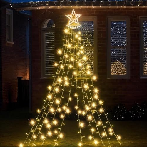 GloBrite Outdoor Curtain Star Fairy Lights, Hanging Window Waterfall Lights, 350 LED, Waterproof, Christmas Tree Lights, Plug in - Christmas Decorations (Warm White)