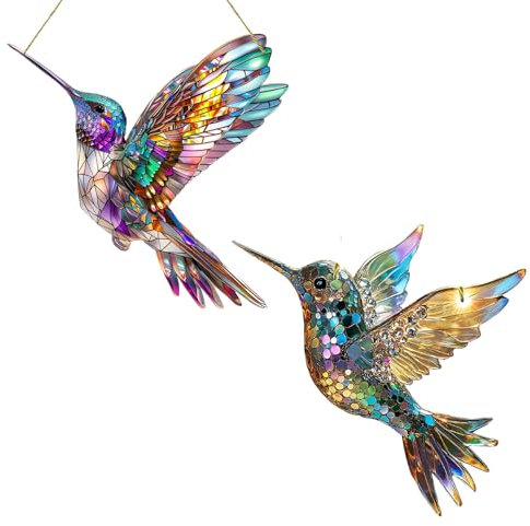 Sonnenfänger Prisma Kolibri, Fensterdeko Hängend Kolibri Suncatcher, Acryl Sonnenfänger zum Aufhängen Gartendeko, Weihnachtsbaum Hängende Ornamente für Fenster Garten Terrasse Basteln Deko (2 Stück)