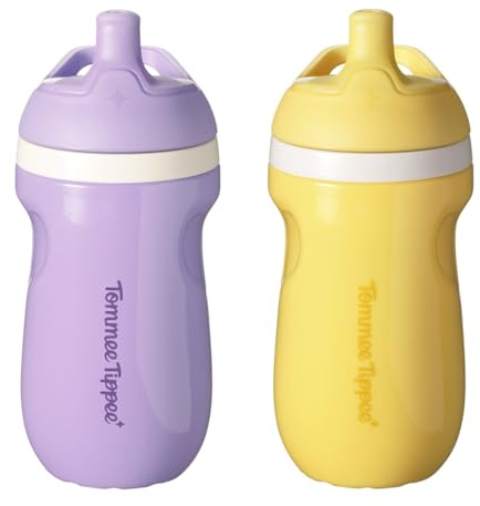 Tommee Tippee Insulated 9oz Sporty Spout Toddler Water Bottle, No Spill, Sippy Cups for Toddlers 1-3, Two-Piece Valve Helps Stop Spills, Yellow & Purple, BPA Free, Pack of 2