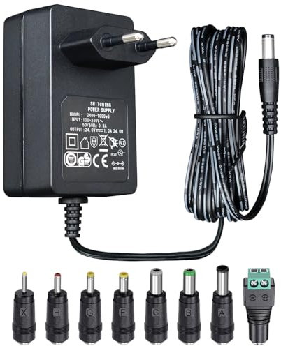 Adaptateur d'alimentation 24 V 1 A 1,8 m, Adaptateur de Commutation CA CC (entrée 100-240 V, Sortie 24 V 1 A), Prise de transformateur à Montage Mural avec 8 Prises interchangeables, homologué CE