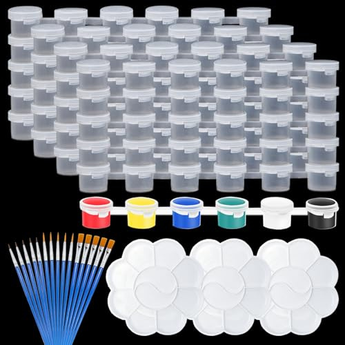 Sixfolo 120 Töpfe Leere Farbstreifen 5ml für Malen (20 Streifen) | Kleine Farbtöpfchen mit Deckel,Mini Farbtopf Kunststoff,Farbbehälter Klein mit Pinsel und Mischpalette für Bastelarbeiten