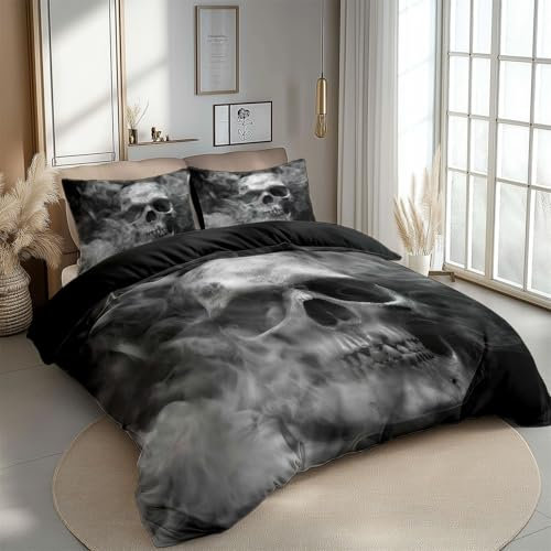 Bettwäsche Schwarz Muster Mikrofaser Bettbezug 135 x 200 cm + Kissenbezug 80x80cm, Daunendecke Bettdecke Cover, Kinder Mädchen Wendebettwäsche Gotischer Stil Totenkopf Rauch