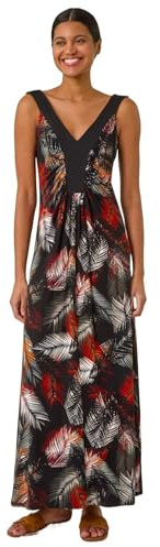 Roman Women Floral Contrast Band Maxi Dress - Ladies Summer Holiday Evening Dinner Everyday Daywear Casual Stretch Jersey Sleeveless V Neck Floor Length Dress - Rust - Size 16