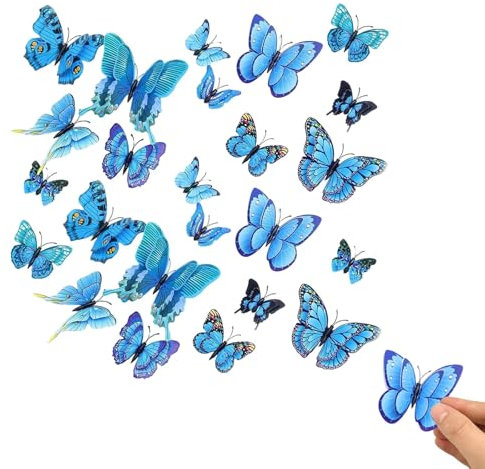 24 Stück Schmetterlinge Deko mit Clip, PVC Schmetterling Dekoration für Fenster, Türen, Frühlings- und Geburtstagsfeiern, Basteln & DIY, Blau (6-12 cm)