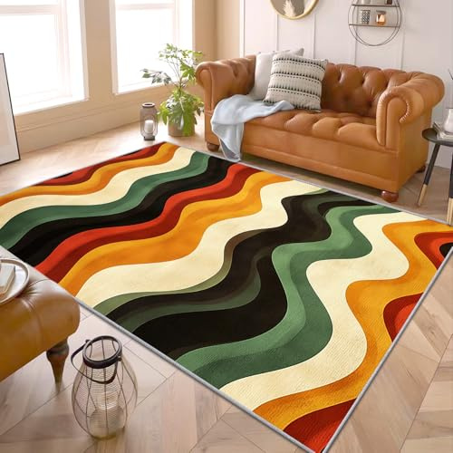 PaxGloz 70er Jahre Teppich - Teppiche Wohnzimmer Schlafzimmer Wellen Retro 70er, Kleiner Teppich Wellenmuster Bunt, Weich Kurzflor & Waschbar & rutschfest Fussmatte Innen, Kinderteppich 80x150 cm