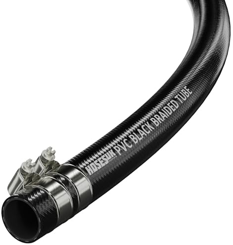25mm (1) x 33mm (1-5/16) PVC Reinforced Black Braided Air Water Hose Tube with Hose Clips 2 Metre