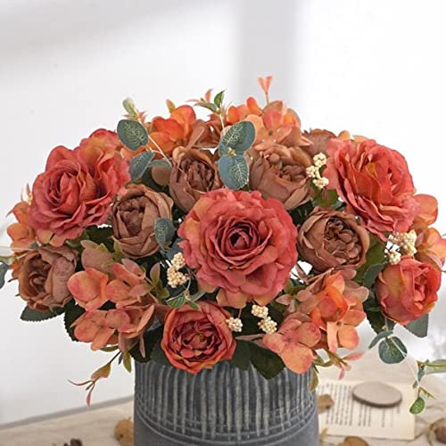 LuMOUzhou Bouquet de Roses et d'hortensias artificiels en Soie, pivoines Vintage, Fleurs de mariée(Oranje)