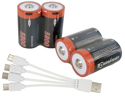 PowerSmart Lot de 4 piles rechargeables 5800 mWh 1,5 V LR20 Mono D USB-C avec câble de charge USB 4 en 1 pour appareils photo, télécommandes, lampes de poche