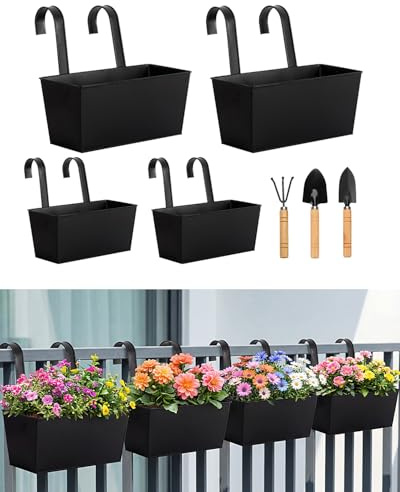 4 Pack Metal Hanging Flower Pots, Balcony Planters for Railing, Iron Hanging Plant Pots for Fence, Railing & Balcony, Includes 3-Piece Mini Garden Tools Set, Black