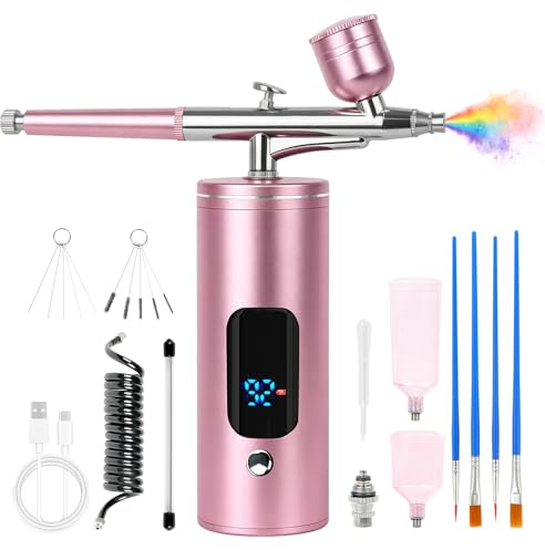 Air Brush Paint Kit 0.35mm Nozzle, 3 Pressure Levels, Non-Clogging, Pink | Rechargeable Cordless Airbrush Kit with Compressor, Ideal for Nail Art, Makeup, Barber, Painting and Cake Decorating