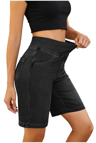 Jeans Kurze Hose Damen Bermuda High Waist Knielange Elastischer Shorts | Sommer Stretch Breiter Gerades Bein Baggy High Waist Shorts Mit Taschen Freizeit Luftige Mode Yoga Bauchweg Leggings