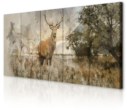 decomonkey Wandbilder Natur Hirsch 200x80 cm 5 Teilig Leinwandbilder Baum | Bild auf Leinwand, Kunstdruck, Wanddeko, Wohnzimmer, Wanddekoration, Landschaft, Tiere
