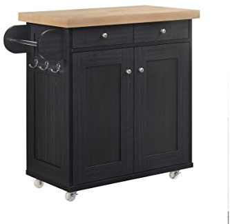 LPD Home Portland Kitchen Island – Black Contemporary Portable Kitchen Cart with Solid Wood Worktop, Double Cupboard, 2 Drawers, Towel Holder & Hooks, Extra Storage Unit