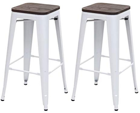 Mendler 2X Barhocker HWC-A73 inkl. Holz-Sitzfläche, Barstuhl Tresenhocker, Metall Industriedesign stapelbar - weiß
