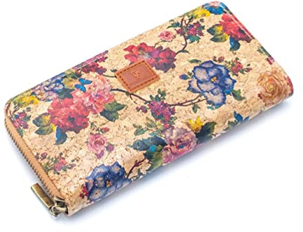 GELDBÖRSE BZW. Geldbeutel FÜR Damen Gross VIELE FÄCHER, Kork, VEGAN, VEGANES Leder, NACHHALTIG, BUNT, Motiv Blumen, Vintage