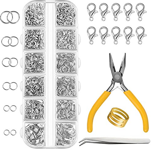 FEPITO 1540 Stück Sprungringe für Schmuckherstellung Zubehör Silberschmuck Reparatur mit Karabinerverschlüssen und Schmuckzangen für DIY Ohrring Halskette Armband
