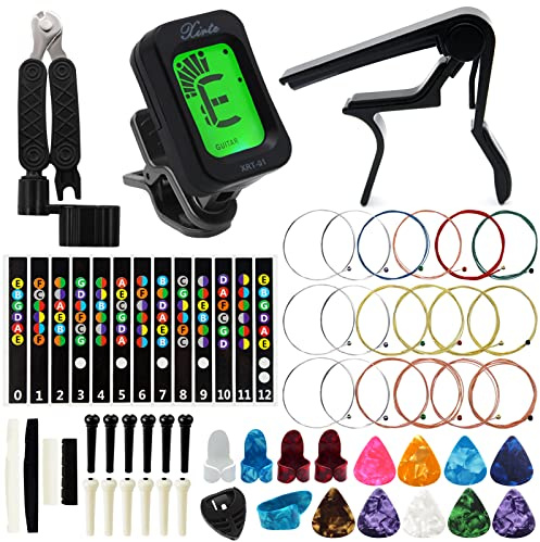 Anvin Acoustic Guitar Accessories Kit - Including Guitar Strings, Tuner, Capo, Restring Tool, Pick Holder, Bridge Pins, Guitar Nuts and Saddles, Finger Picks (53 Pcs)