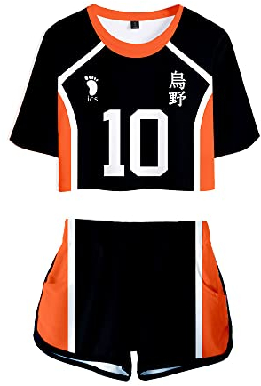 LKY STAR Haikyuu!! Damen Sommer mit Anime Volleyball Crop Top und Shorts, Karasuno Volleyball Mädchen Trainingsanzug 2 Stück Set