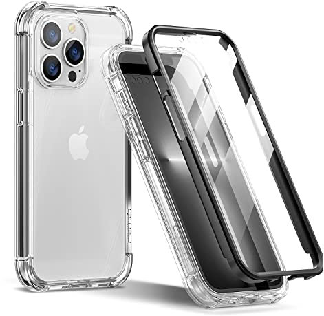 SURITCH Clear Case for iPhone 13 Pro 2021,【Built in Screen Protector】Shockproof 360 Full Body Protection Hard Shell + 4 Corners Soft TPU Rubber Cover Bumper 6.1 inches - Black