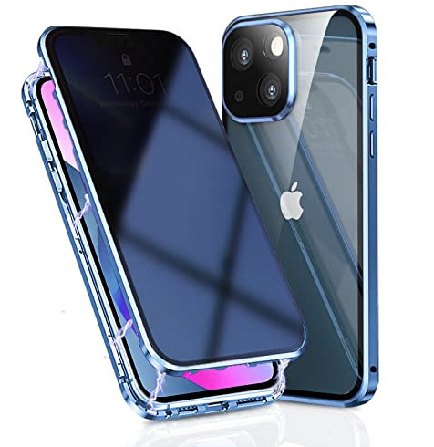 OMGZONE Privacy Case for iPhone 14 Plus Magnetic Cover,Screen Protector built-in Anti-peep Tempered Glass Full Cover with Camera Protector,360 Degree Metal Bumper Case for iPhone 14 Plus,Blue