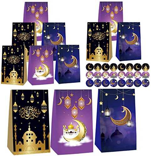 12 Stück Eid Mubarak Geschenktüten, Ramadan Papiertüten Kraftpapiertüten Kraftpapier Tüten, Muslim Süßigkeiten Tasche mit 24 Aufkleber, Eid Mubarak Candy Taschen zum Befüllen Geschenkverpackung (A)
