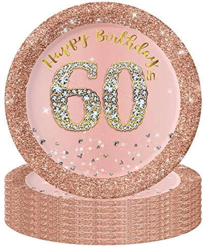 16Pcs 60th Birthday Rose Gold Paper Plates 7 inch,60th Rose Gold Woman Birthday Party Paper Plates,Happy 60thBirthday Tableware Decorations for Her,Women,60thBirthday Gifts Party Supplies