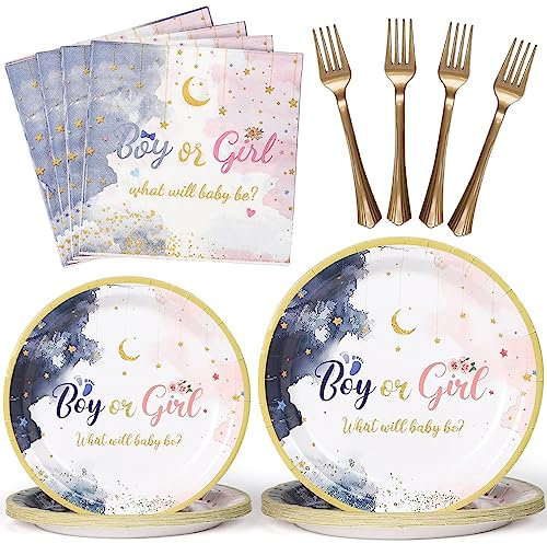96PCS Gender Reveal Party Supplies Tableware Kit for 24 Guests sky blue and pink Gender Reveal Party Decorations Theme Party Table Supplies Pack Includes Plates ,Napkins, plastic forks