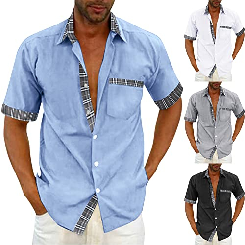 Sommerhemd Herren Slim Fit Stehkragen Baumwolle Stretch Kurzarmhemd Sommerhemd Modern Druckknöpfe Hemd Hemden Leicht Luftig Comfort Herrenhemd Leinenhemd