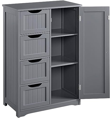 Yaheetech Armadietto da Bagno Autoportante Mobiletto da Terra in Legno con 4 Cassetti e Ripiano Regolabile Mobile da Cucina Soggiorno Corridoio Ingresso 56 x 30 x 82 cm Grigio Scuro