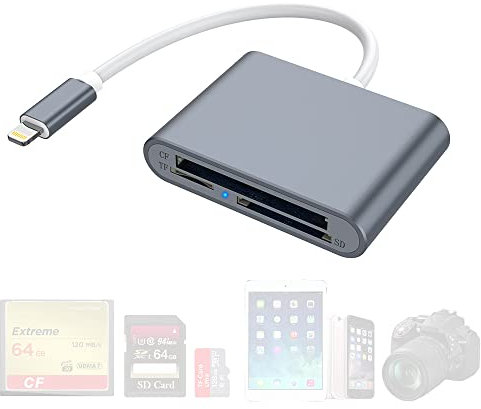 3 in 1 CF Card Reader for iPhone iPad, Aluminum SD CF TF Memory Card Reader Adapter Digital Camera Reader 3-Slot Micro SD CF SD Trail Camera Viewer Reader for iPhone 14/13/Pro/Max/12/iPad, Plug & Play