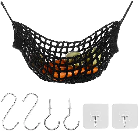 UFURMATE Obst Gemüse Hängematte, 1 Set Schwarz Handgemachte Makramee Obst Hängematte mit Haken Baumwolle Obsthalter Netz unter Schrank Hängender Obst- & Gemüsekorb für Küche Platz sparen