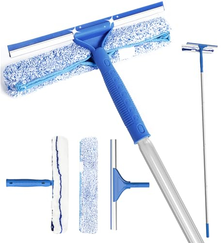 VOUBIEN - Escobilla de Goma para Limpieza de Ventanas, Kit de Lavado de Ventanas con Mango Largo, Limpiador de Ventanas 2 en 1 y Limpiador de Microfibra para Ventanas, Puertas de Vidrio, Coche, Piso