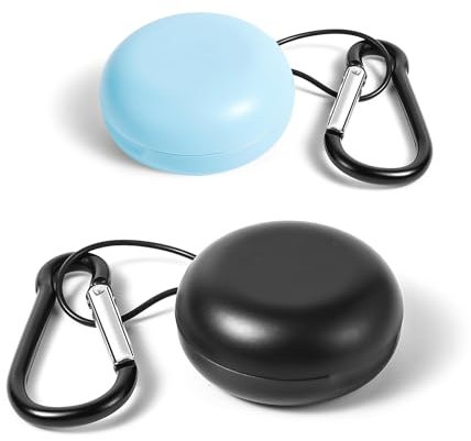 2pcs Earplug Cases, Round Portable Ear Plug Holder with Keychains, Earphones Pouch, Ear Bud Carrying Case Bag, Premium Carrying Case for Business Trip, Storage Earbuds, Trinkets, Pills (Black, Blue)