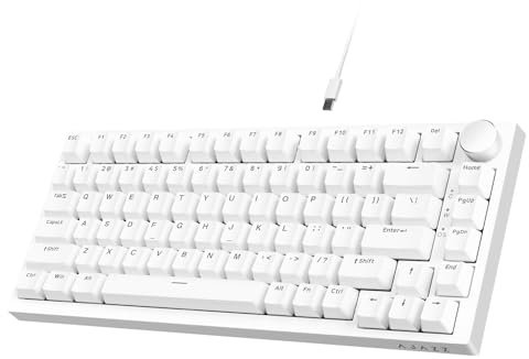 AJAZZ AK820 75% TKL verkabelte mechanische Tastatur,Hot-Swap Blauer Schalter,dichtungsmontierte mit blauem Licht,82 Tasten mit CNC-Lautstärkeregler,Poronschaum,PBT-Tastenkappen für PC/Win/MAC-Weiß
