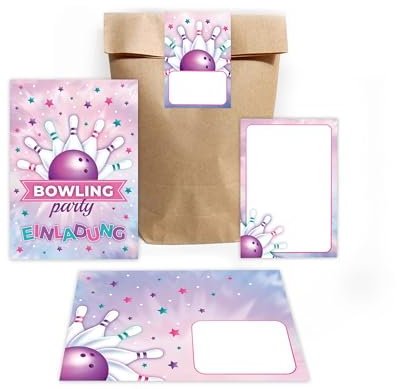 12 Einladungskarten zum Kindergeburtstag Bowling Kegeln Bowling-Party Mädchen Einladung Mädchengeburtstag incl. 12 Umschläge, 12 Partytüten/natur, 12 Aufkleber, 12 Mini-Notizblöcke