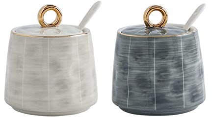 Dispensador azucarero,bote condimento, Azucarero nórdico con tapa y cuchara, 300 ml (10,6 oz) Tarro de almacenamiento de azúcar de cerámica Decoración de mesa, for cafetería, restaurante, hogar-Gris-2