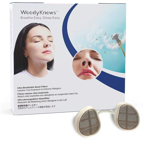 WoodyKnows Filtri nasali ultra-traspiranti, aiuto per le allergie stagionali e alla polvere (Narice Rotonda, M, 3 Filtri+12 Sostituzioni)